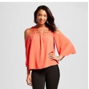 Coral/ red crochet neck line cold shoulder top